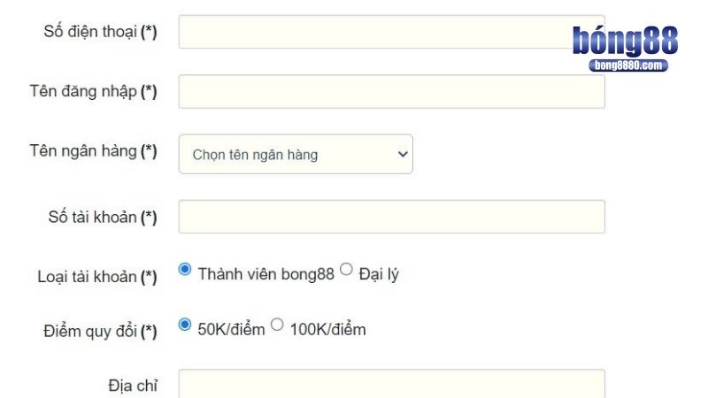 Đăng Ký Bong88 Hoàn tất thông tin dựa theo form của trang web