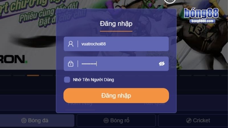 Đăng Nhập Bong88 Hoàn tất thông tin vào form